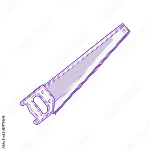 Hand saw tool equipment for woodworking and cutting projects. Metal blade with teeth and ergonomic handle for construction work in outline.