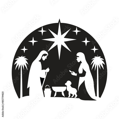 Nativity Scene Silhouette with Star and Palm Trees
