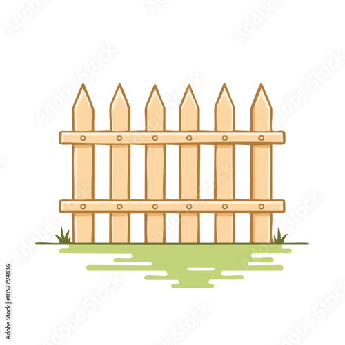 Wooden fence panel on grass illustration. Simple picket fence vector isolated on white background.