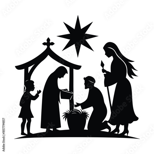 Nativity Scene Silhouette with Wise Men and Angel Celebrating the Birth of Jesus Christ