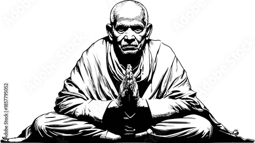 Graphic illustration of an old man meditating in lotus pose, hands in mudra, embodying peace, wisdom, and spiritual tranquility.