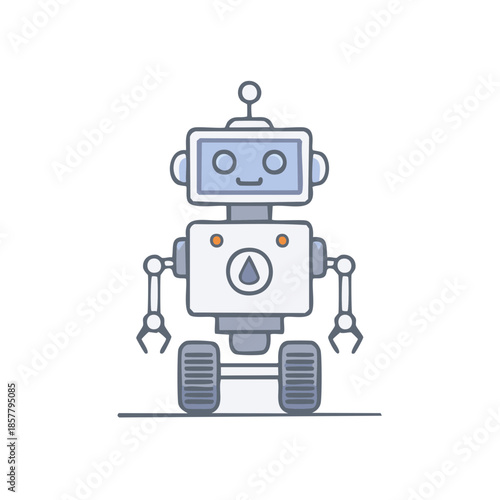 Friendly Robot Illustration: Futuristic Android Automaton with Antenna, Gears, and Tread Wheels for AI Concepts