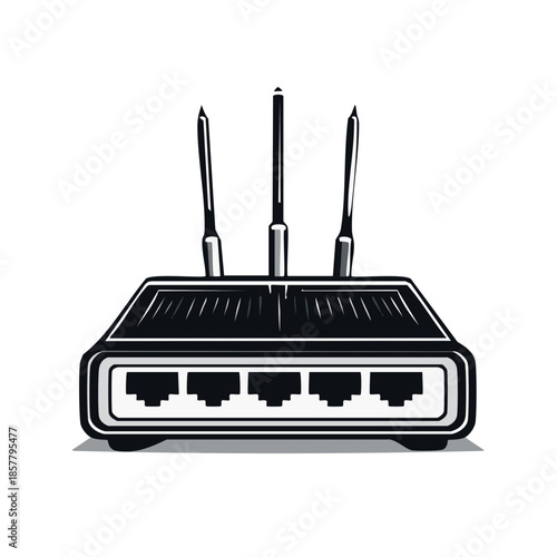 Black and white router illustration showing network connection ports and antennas in isolated shot