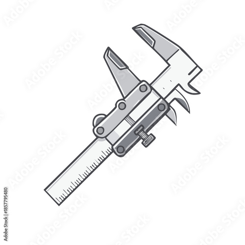 Gray cartoon caliper instrument measuring tool. Engineering measuring precision industrial equipment for measuring size thickness diameter.