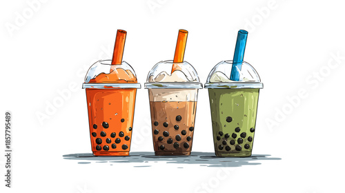 Colorful bubble tea drinks illustration with tapioca pearls in clear plastic cups and straws. Refreshing boba tea varieties.