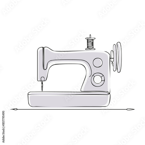 Vintage sewing machine illustration with thread and spool, sewing equipment artwork, sewing tool for textile production or clothing repair
