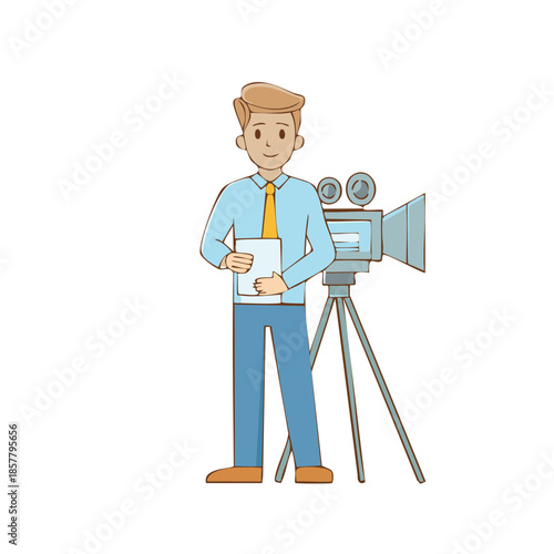 Cartoon news reporter standing in front of film camera holding document at studio shooting, vector illustration of a man journalist