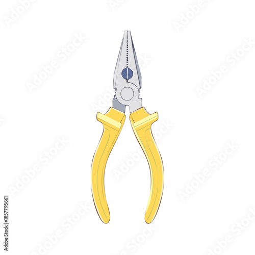 Needle nose pliers tool. Metallic pliers with yellow handle. Precision hand tool for gripping cutting shaping