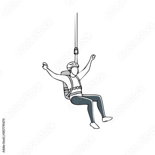 Person Ziplining with Helmet and Harness, Adventure Sport Line Art Illustration, Extreme Activity