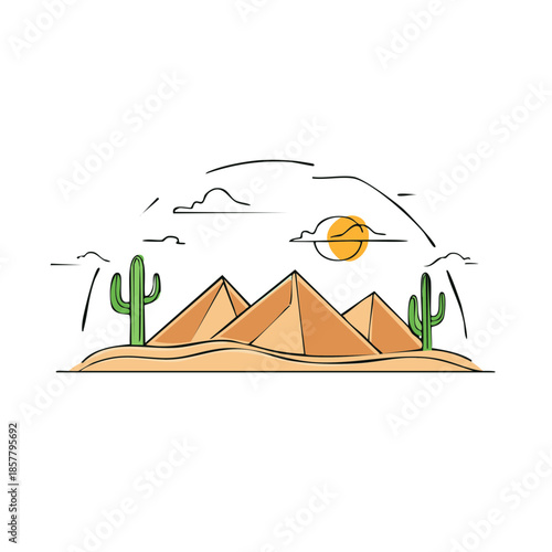 Egyptian pyramids with cacti in desert sand dunes against the setting sun in simple line art style