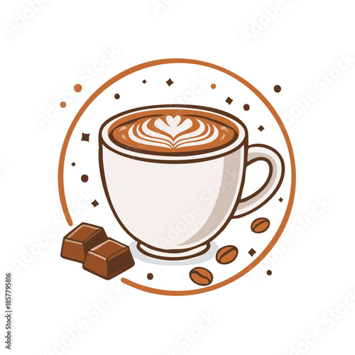 Cup of coffee with chocolate, latte art, foam and coffee beans, round frame, vector illustration