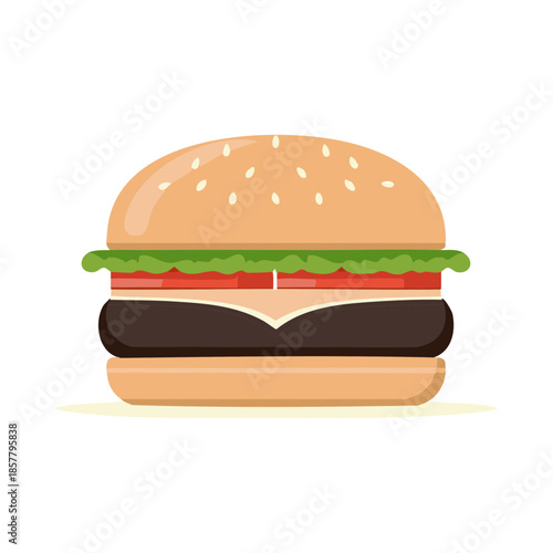 Delicious vector burger: appetizing patty topped with fresh greens and sliced tomato