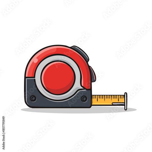 Cartoon illustration of a red and gray tape measure tool isolated on a white background for woodworking design and construction work