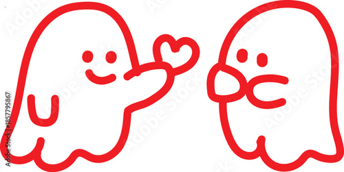 Ghosts Sharing Love Heart in White Background with Red Outline