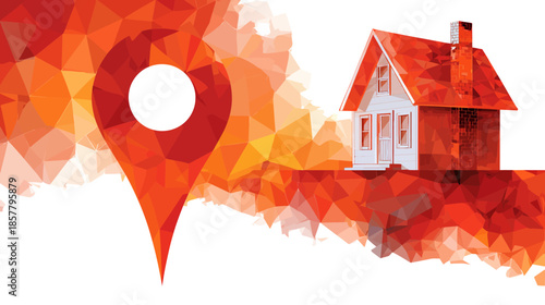 Geometric House and Location Pin on Abstract Orange Red Polygonal Background - Real Estate Search Concept