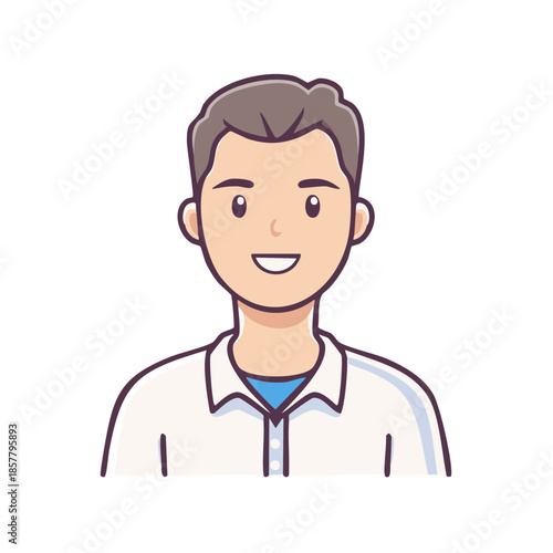 Smiling young man cartoon illustration isolated against a white backdrop, featuring expressive facial features and warm tones that suggest a positive and approachable attitude.