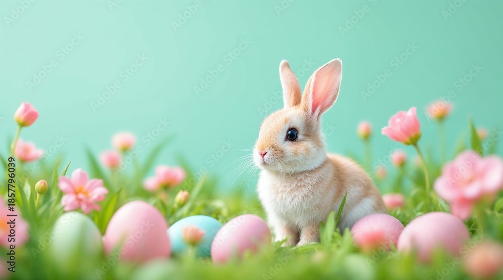 Obraz premium Cute Easter bunny sitting in green grass with colorful eggs and flowers. Spring holiday background with copy space