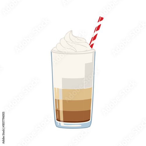 Iced layered coffee drink with whipped cream and a straw in a tall glass for a refreshing cafe treat