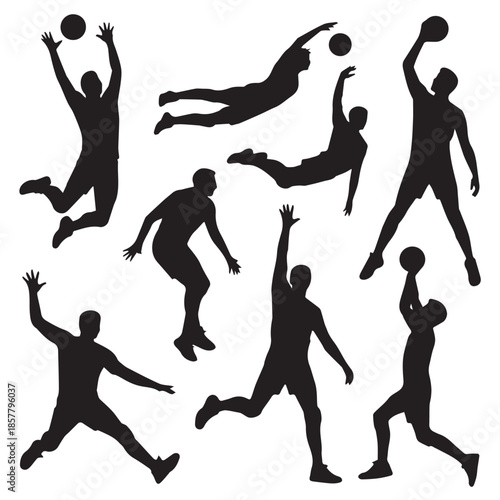 Volleyball Player Silhouettes Set, Athletic Men Action Poses for Sports Design, Jumping, Spiking and Serving Vector Illustrations.