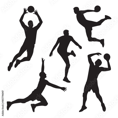 Set of Dynamic Male Athlete Silhouettes in Motion Jumping, Throwing, and Catching Ball