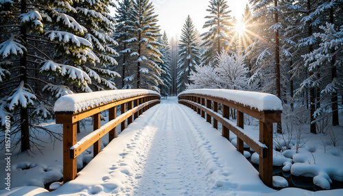 Wallpaper Mural Snow-covered wooden bridge in winter forest with sunlight filtering   Torontodigital.ca