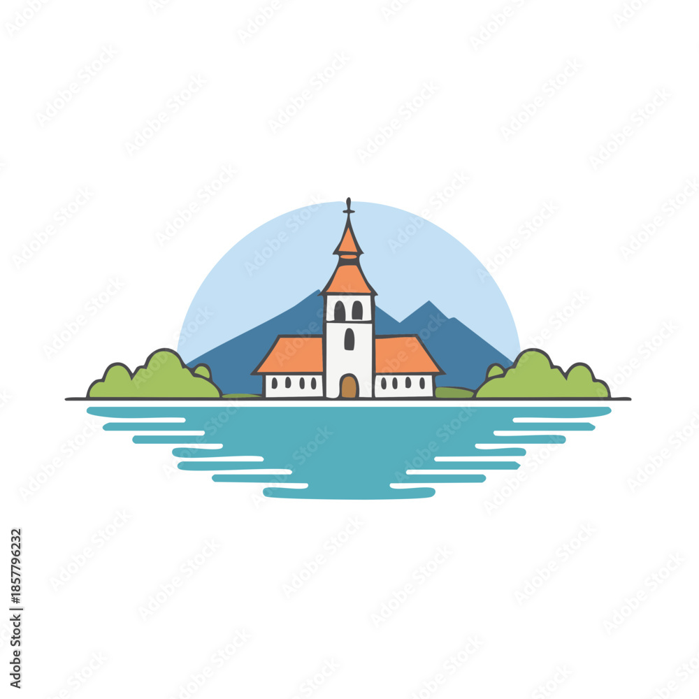 Naklejka premium Serene lake landscape featuring island church spire mountain range skyline clear sky reflected water vector illustration