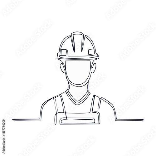 One-Line Drawing of Worker with Protective Helmet and Jumpsuit, Continuous Line Art