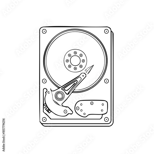 Hard drive disk illustration for computer storage and data technology. Line drawing of hdd hardware component for electronic device.