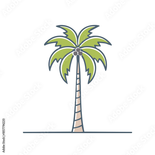 Stylized palm tree illustration with coconuts, featuring green leaves and a striped trunk, perfect for tropical designs and vacation themes.