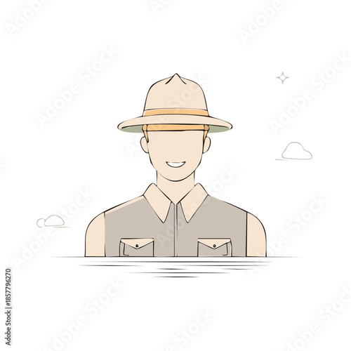 Illustration of a smiling person wearing a hat and vest, safari outfit with pockets, linear vector style