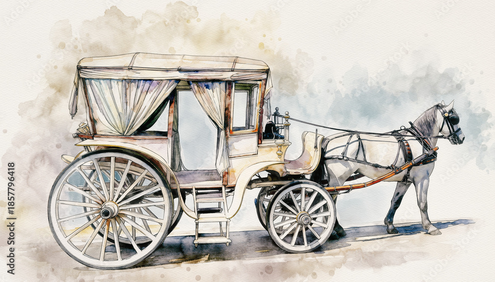 Fototapeta premium Old Painted Horse Drawn Carriage Resting in Field.