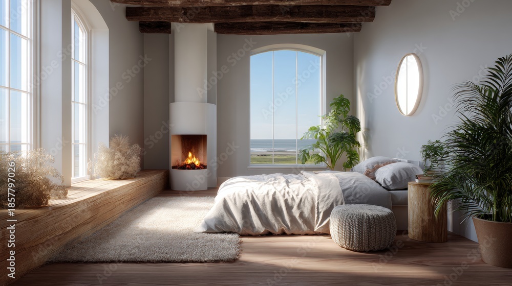 Fototapeta premium Modern and luxurious bedroom with a large window that offers a beautiful view of the ocean. the room has a high ceiling with wooden beams and a wooden floor.