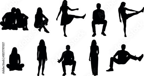 Set of black people silhouettes in various poses including sitting standing walking and stretching isolated on white background for design
