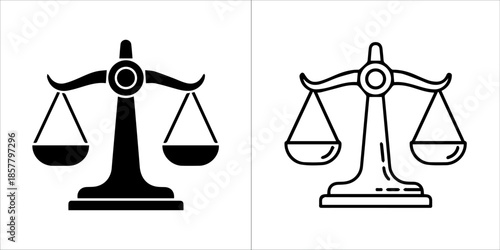 Matching finance scale vector icons with modern line art outline and bold solid silhouette design
