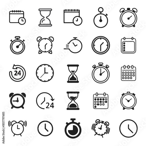 Collection of diverse time management and scheduling icons in a modern outline style