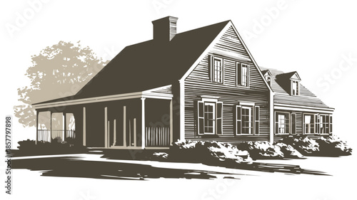 Classic traditional American house illustration with front porch and gabled roof, vintage style residential architecture artwork.