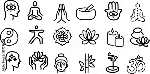 Yoga Icons Set with Meditation Symbols and Buddhist Signs