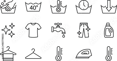 Laundry and textile care line icon set, featuring washing machines, clothing maintenance, ironing, water temperature, fabric cleaning, and garment hangers.
