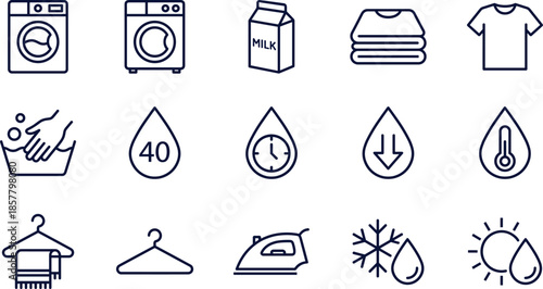 Laundry and textile care line icon set, featuring washing machines, clothing symbols, iron, hangers, water temperature, and fabric maintenance signs.