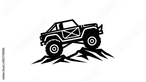 Off road vehicle climbing steep rocky terrain black and white illustration.