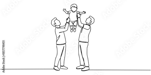 Continuous one line drawing of two parents holding a child with a heart between them, line art style vector illustration.