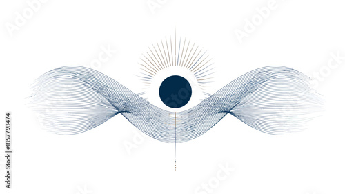 Abstract Ethereal Wave Design with Central Dark Orb and Radiant Light Rays. Modern spiritual energy graphic element.
