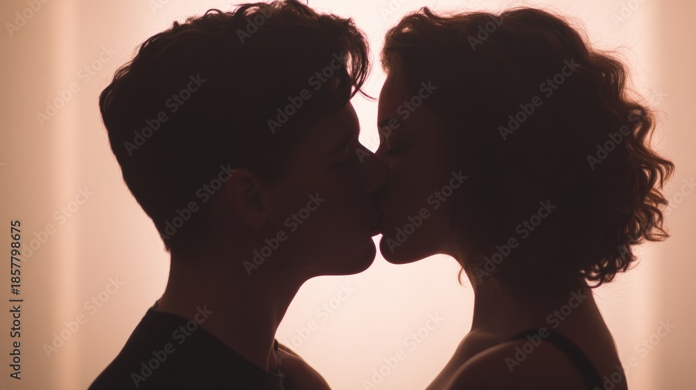 Fototapeta premium Wedding ceremony planning, A romantic silhouette of a couple kissing, capturing the intimacy and connection between them against a soft, illuminated background.