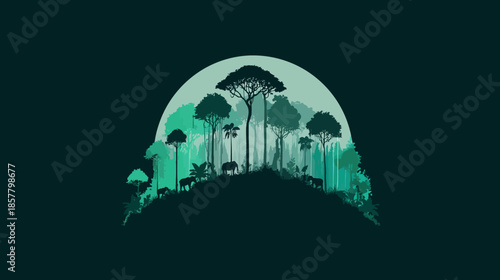 Lush green forest landscape with wild animal silhouettes under a stylized moon. Nature conservation and wildlife illustration.