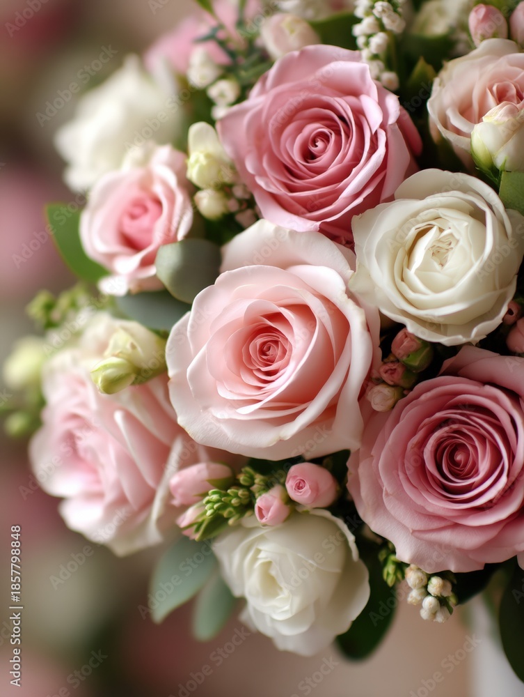 Obraz premium Wedding ceremony planning, A beautiful bouquet of pink and white roses, showcasing delicate petals and lush greenery, perfect for any romantic occasion or celebration.