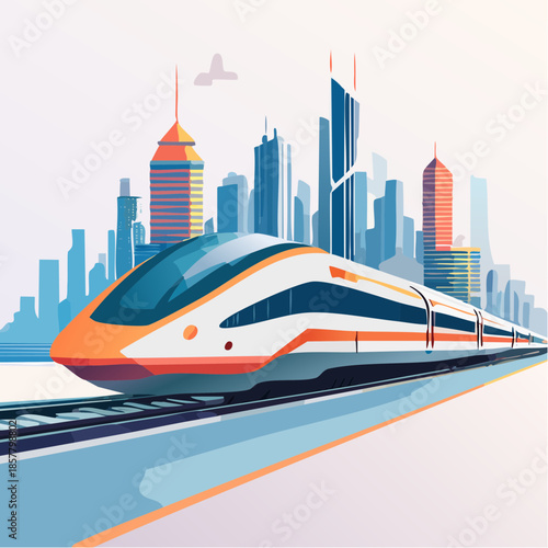 High speed train in modern city skyline