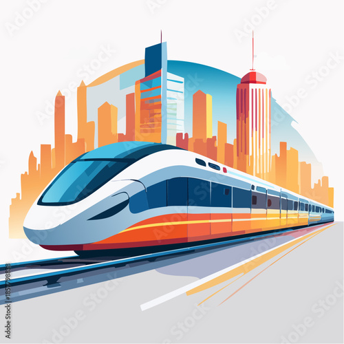 High-speed train speeding through a modern city