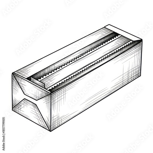 Simple Line Drawing of a Rectangular Metal Mailbox or Storage Box with Serrated Edges and a Folded Opening on a White Background