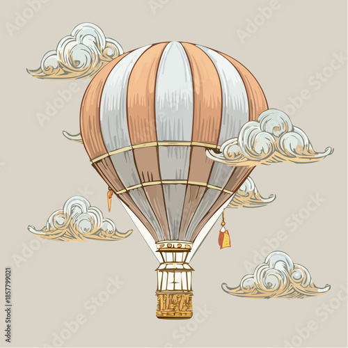 Hot air balloon floating among clouds