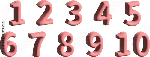 3D red number typography set from one to ten. Glossy bold digits with soft shadow style. Ideal for posters, headlines, games, and educational designs.